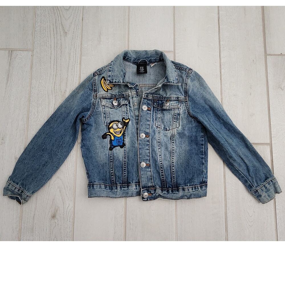 Despicable Me Minions Denim Jacket Kids Size 7-8 Boy Girl Blue Yellow Banana